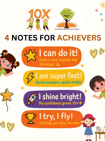 These are the 4 notes for our Achievers: "I can do it!", "I am super fast!", "I shine bright!", and "I try, I fly!". This is the mindset we instill to help their confidence grow 10X.