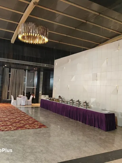 This is a full buffet line we set up for a large party in a modern banquet hall. We can handle catering for upscale events, ensuring the food station is arranged neatly and professionally to match the elegant venue.