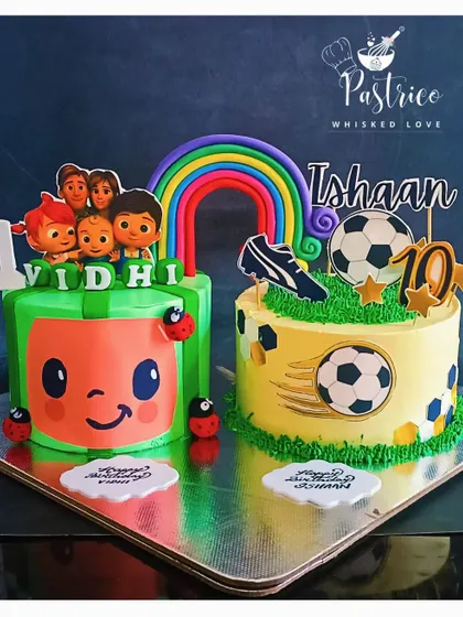 A special cake for siblings celebrating together, combining a Cocomelon theme for the sister and a football theme for the brother.