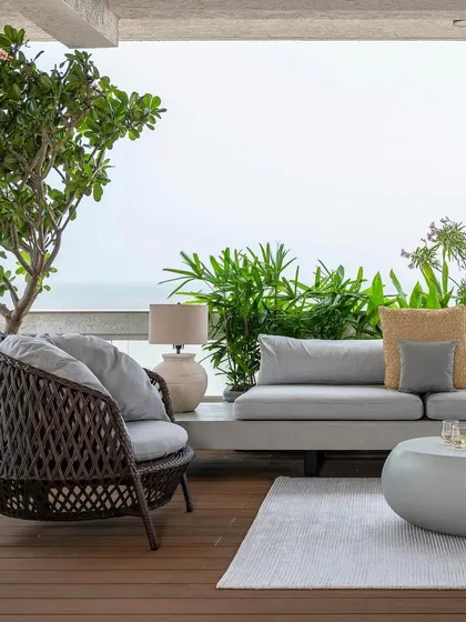 The outdoor lounge area on the terrace of Apartment 1600, a perfect place to relax and enjoy the sea breeze.