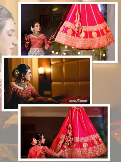 A collage focusing on the bride's getting-ready moments and the details of her vibrant pink lehenga.