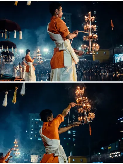 A two-panel shot showing the priests performing the aarti, capturing both the synchronized ritual and the individual devotion.