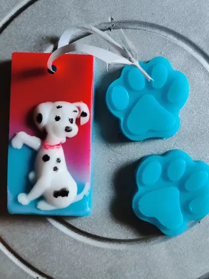 A close-up of the Dalmatian and paw print soaps, perfect for a Paw Patrol or 101 Dalmatians themed party. These are SLES and Paraben-free, ensuring they are safe for children.