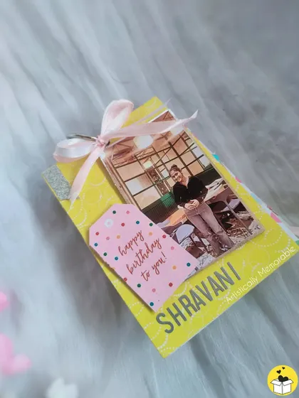 A bright yellow mini tag book with a 'Happy Birthday' tag, a perfect personalized birthday card alternative.