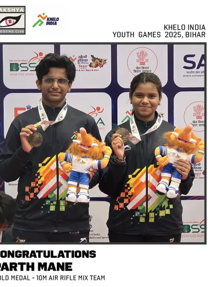 A gold medal for Parth Mane in the 10m Air Rifle Mixed Team event at the Khelo India Youth Games 2025.