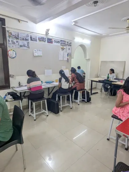 A wide view of our classroom during a session. Students are spread out and focused on their tasks, creating a productive and creative atmosphere.