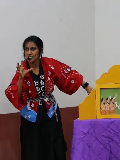 My collaborator Ramya using a Kamishibai, a form of Japanese street theatre, to tell a story. We love incorporating different storytelling techniques.