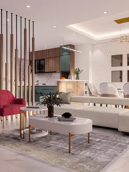 This angle captures the full scope of the 'Eleganza' open-plan area, from the staircase partition to the dining and kitchen zones.