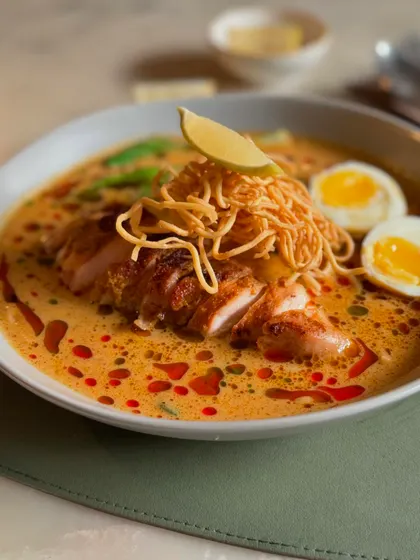 Our take on Khao Soi, a rich and fragrant coconut curry noodle soup with tender chicken and a soft-boiled egg.