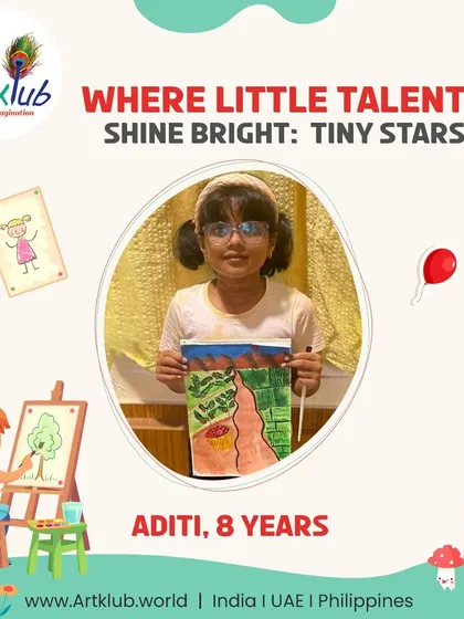 Aditi, age 8, is a tiny star whose talent shines bright in this lovely path through a green landscape.