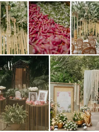 A collage showcasing various decor details, including a memorial table with family photos, a Ganesha idol, and intricate floral arrangements, highlighting the personal and spiritual touches.