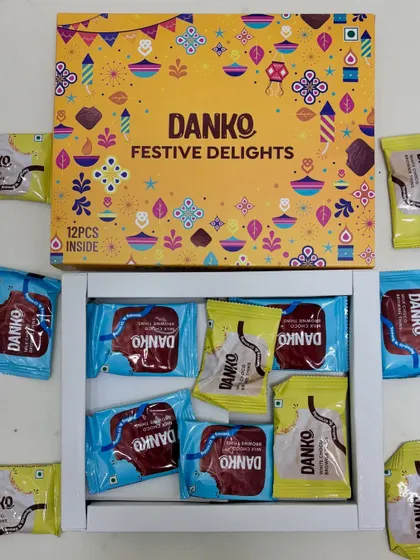 An open view of the 12-piece Danko Festive Delights chocolate box. It's a perfect, budget-friendly option for bulk corporate gifting.