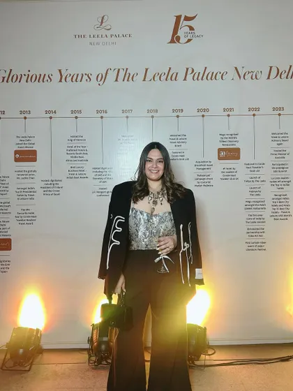 At The Leela Palace's 15th anniversary celebration. I styled a statement blazer over a corset and wide leg pants for a powerful and chic event look.