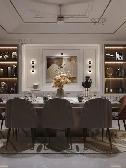 Cherish the flavors of life. This dining room features backlit display shelves and a statement floor lamp, creating an intimate and sophisticated ambiance for dining.