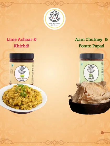 More Navratri ideas for you. A simple khichdi becomes extraordinary with our Lime Achaar, and potato papad is even better with a side of Aam Chutney.