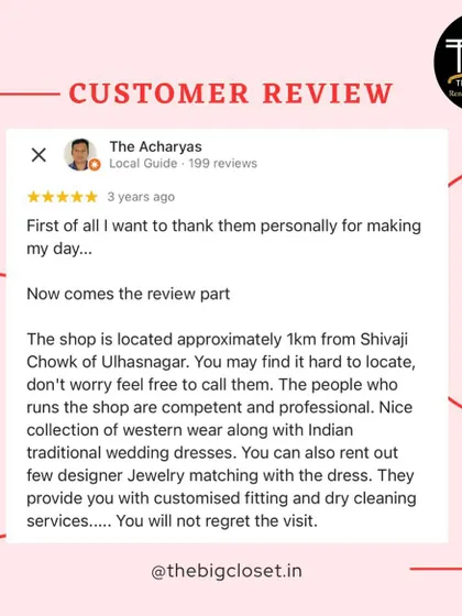 This review highlights everything I aim for: a great collection of both Indian and Western wear, customization, and professional service. It's so important to me that you have a great experience.