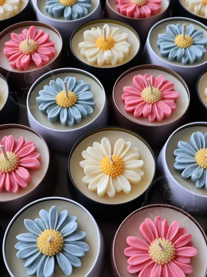 The pink, blue, and ivory Daisy tin candles look so pretty together. They are perfect for mixing and matching.