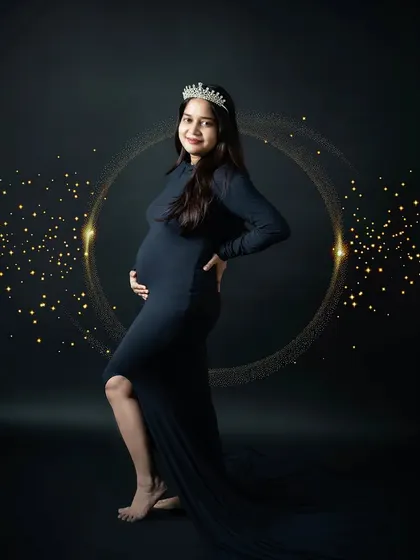 A glamorous solo portrait with a touch of magic. We added a golden light effect to create a halo around the mom-to-be, highlighting her radiant glow.