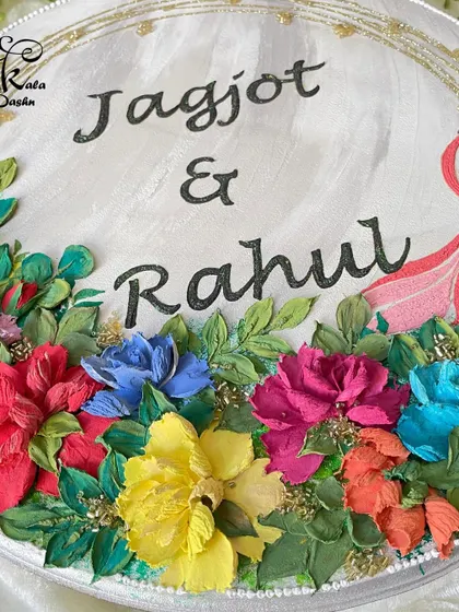 A detailed shot focusing on the vibrant cluster of flowers on the engagement nameplate. I use a mix of red, blue, yellow, and purple to create a festive and celebratory feel.