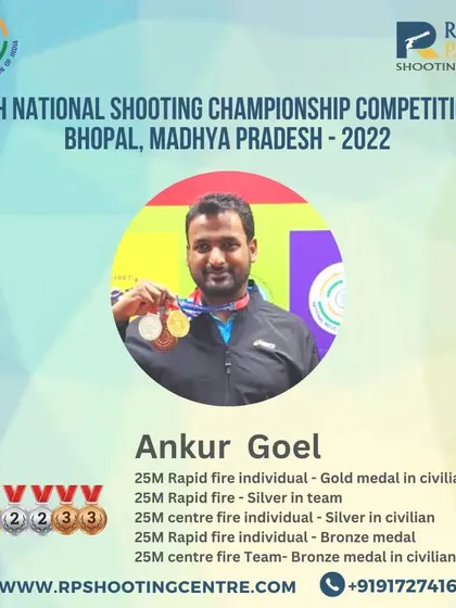 Ankur Goel with an incredible performance at the 65th National Shooting Championship, winning a total of five medals including gold, silver, and bronze across different 25m pistol categories.