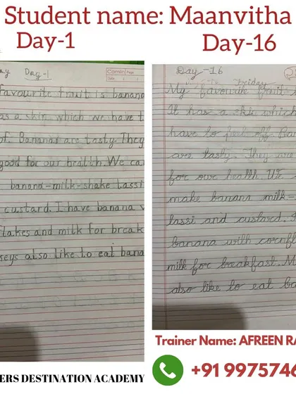 The proof is in the progress! Here is another amazing handwriting transformation from Day 1 to Day 16, guided by our expert trainer in Pune. We focus on consistent, gentle guidance to help students like Maanvitha achieve beautiful and confident handwriting.