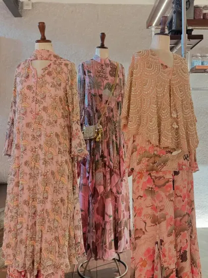 A full view of the pink collection, from paisley prints to heavy beadwork, offering a style for every taste.