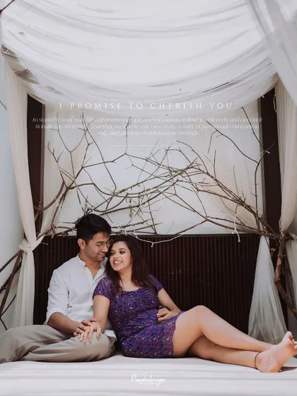 The same relaxed pose, with a beautiful promise-to-cherish quote overlay.