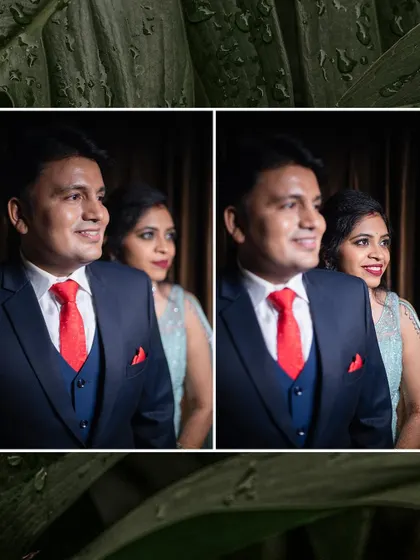 A candid moment captured during the engagement shoot. The groom looks ahead while his fiancée smiles in the background, creating a photo with depth and story.