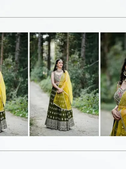 A triptych of the bride in her Mehandi outfit, posing in a beautiful forest path. The images have a serene and elegant feel.