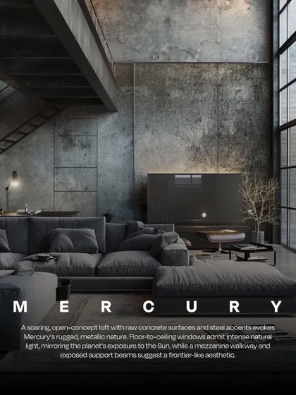 This AI-generated concept for a loft is inspired by the planet Mercury. The design uses raw concrete surfaces, exposed steel accents, and floor-to-ceiling windows to create a rugged, metallic, and open-concept industrial aesthetic.