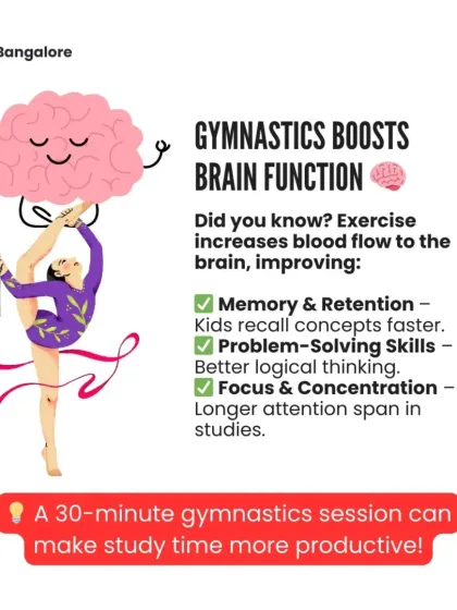 Gymnastics boosts brain function by increasing blood flow, which improves memory, problem-solving skills, and concentration. An active kid is a smart kid.