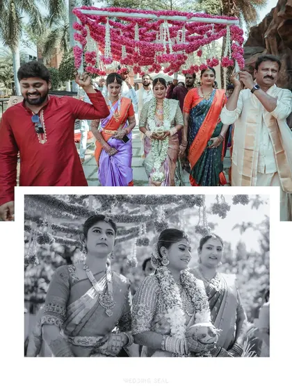 The bride's procession, shown in both color and classic black and white. This highlights the timelessness of the moment and the emotions of her family.