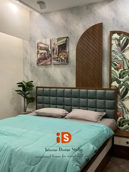 Another angle of the nature-themed guest bedroom, highlighting the full effect of the decor, including the textured wall, custom headboard, and coordinated curtains.