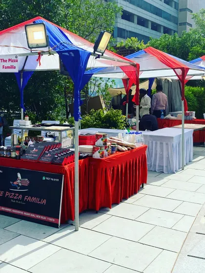 Our multi-stall setup at Candor Tech Space, a corporate park in Gurgaon. We are a trusted partner for corporate events, providing reliable and professional food services.