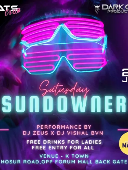The poster for a Saturday Sundowner event, perfect for an early evening party that builds into a full-blown night of dancing.