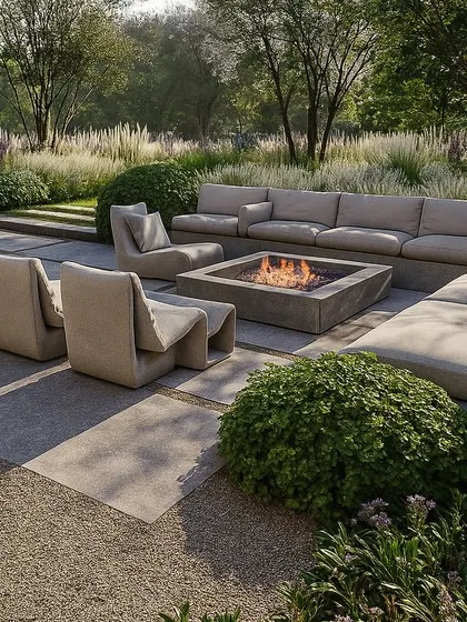 A 3D concept for a modern backyard with a large, comfortable seating area centered around a square fire pit, perfect for evening gatherings.