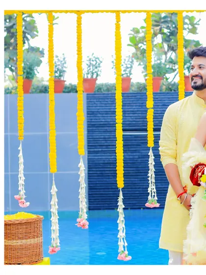 This collage captures the fun and playful moments of a poolside Haldi ceremony. The bright yellow decor and the couple's joyful interactions create a lively and memorable scene.