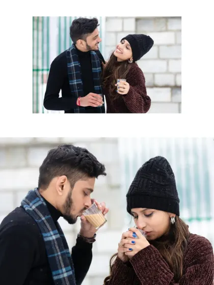 A heartwarming collage of Nikul and Sejal enjoying a cup of chai in the snow. These images capture a simple, cozy moment that feels incredibly romantic and authentic.