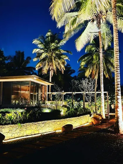 This image perfectly captures how we use lighting to highlight different elements: the path, the retaining wall, and the specimen trees.