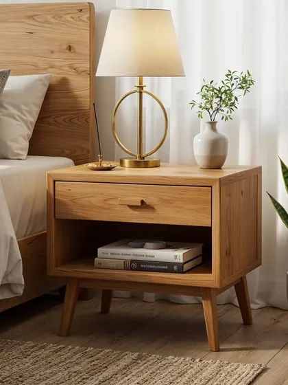 A detail shot of a Japandi-style wooden nightstand. The clean lines, natural material, and simple styling embody the principles of functional and mindful design.