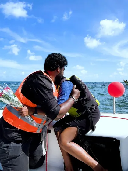 An emotional hug after a successful yacht proposal. We love capturing the raw, happy emotions of these once-in-a-lifetime moments.