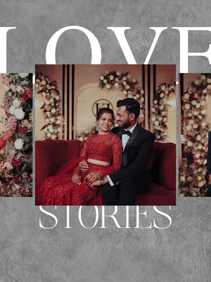 A collage titled "Love Stories," featuring the couple on a red sofa at their reception, surrounded by flowers.