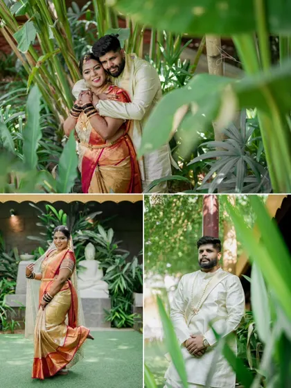 A collage of individual and couple portraits from a wedding, captured amidst lush greenery, showcasing their beautiful traditional attire.