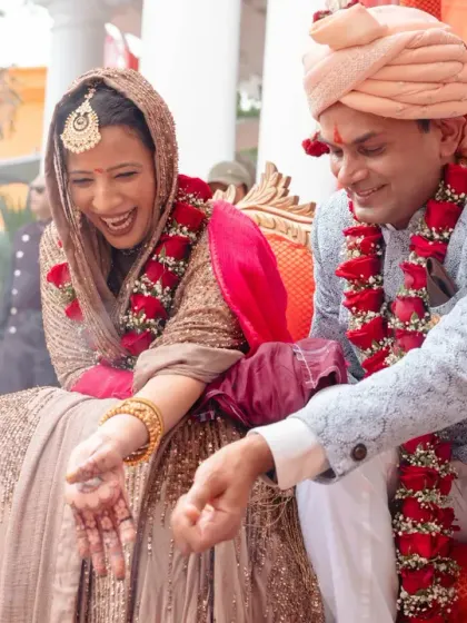 Two hearts knit together by one laughter. This candid shot of Surbhi and Virat sharing a laugh during their wedding ceremony in Pondicherry is a perfect example of the joyful, unscripted moments we love.