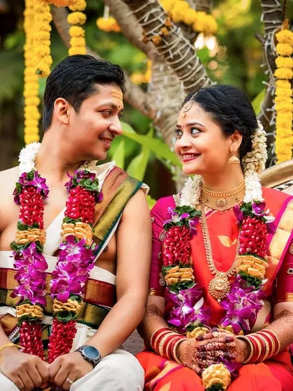 The look of love. Sancket and Saipriya share a quiet moment during their South Indian wedding ceremony.