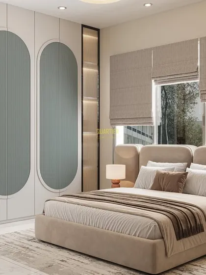 A 3D render of a kids' bedroom with a unique, wavy fluted wall panel. The wardrobe doors feature a large, curved color block design in a soft sage green, adding a playful and modern touch.