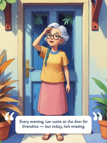 The beginning of our short story, where Grandma worries because her cat Leo is missing from his usual spot.
