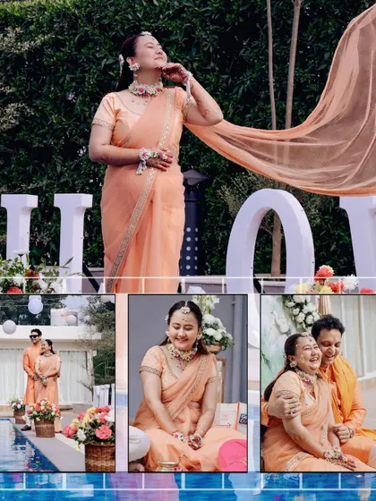 A collage of the bride enjoying her poolside Haldi, with her dupatta flowing in the breeze.