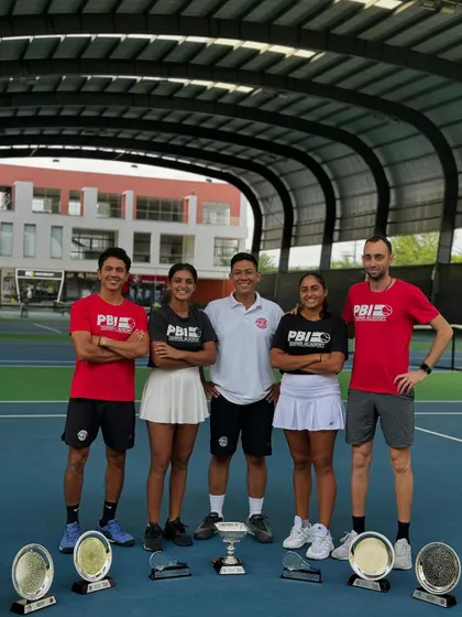 The team behind the champions. Our successful doubles pair, Akanksha and Soha, pictured with their coaches, celebrating a series of outstanding performances on the national and international stage.