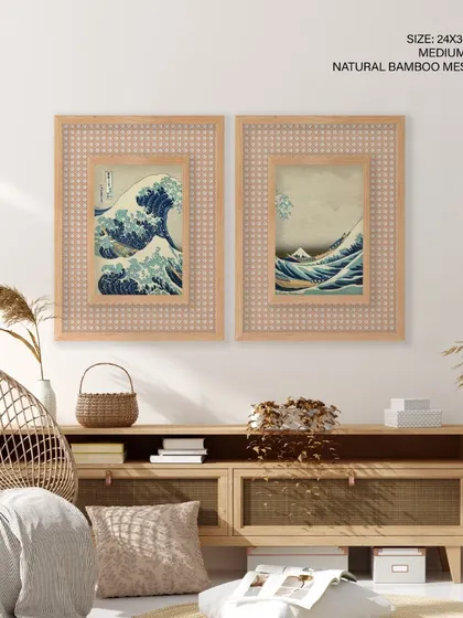 A unique diptych of Katsushika Hokusai's "The Great Wave off Kanagawa." Paired with a complementary wave scene and framed in our distinctive natural bamboo mesh, this set offers a fresh, textural take on a world-renowned masterpiece.